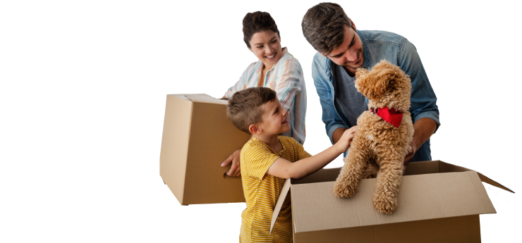 Family with dog and boxes